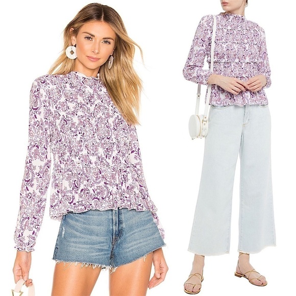 SEE BY CHLOÉ Shirred Tiered Ruffle Trim Paisley Smocked Peasant Top Size 10 - Picture 1 of 11